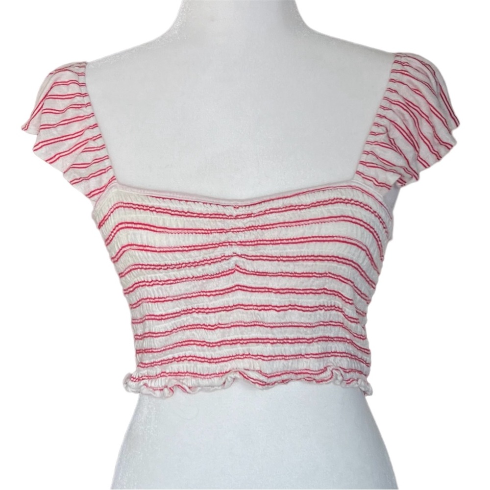 Wild Fable red white striped ruffle strap smocked crop top stretchy